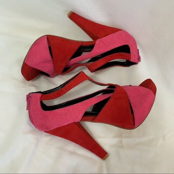 Liliana Red suede red pink straps hidden platform heel sandals duo tone peep toe - Picture 11 of 16